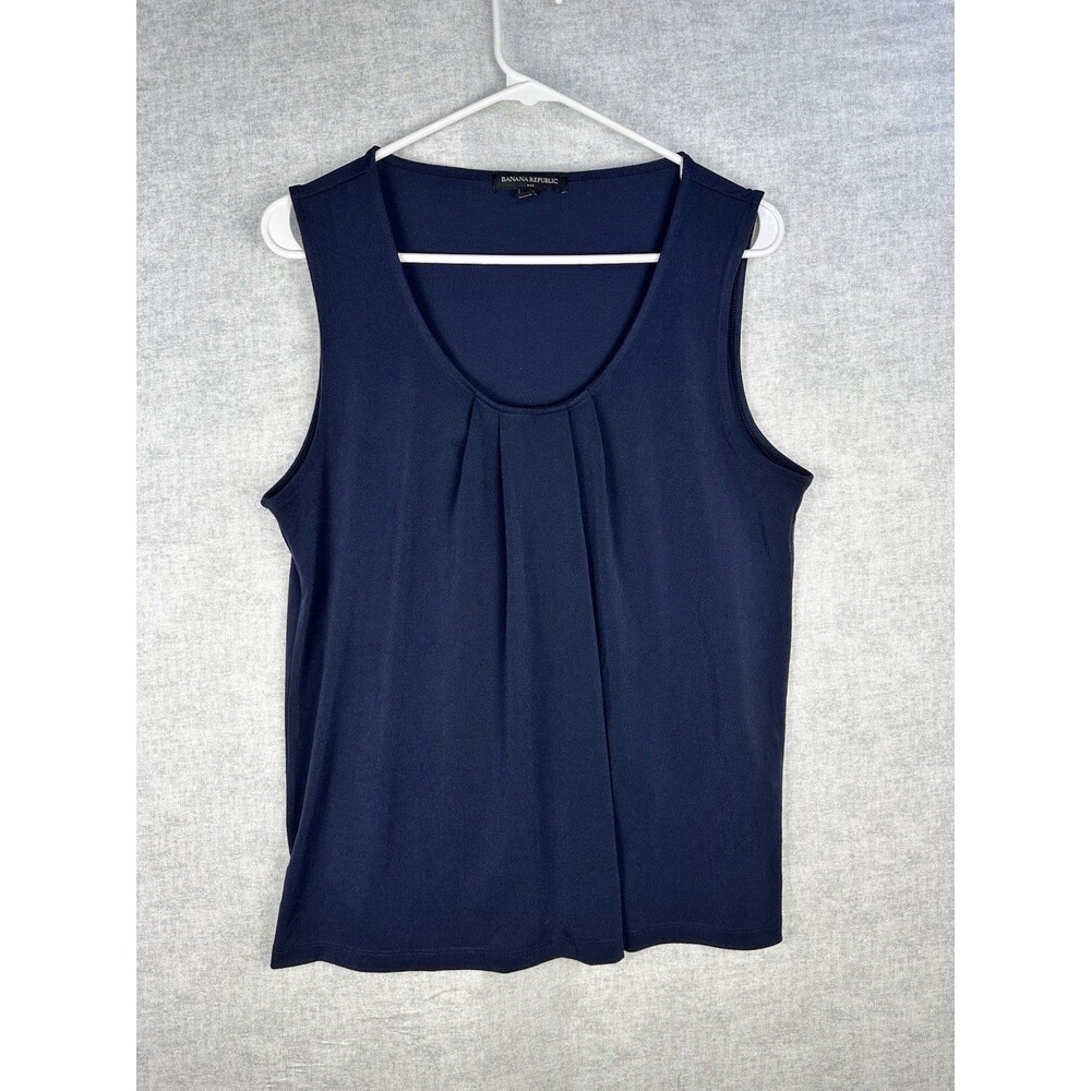 Banana Republic Womens Navy Blue Sleeveless Pleated Crew Neck Blouse Top Medium